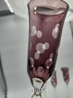 4 Vtg Purple Amethyst 9-1/2 Glass Champagne Flutes Cut to Clear Polka Dots