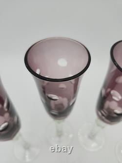 4 Vtg Purple Amethyst 9-1/2 Glass Champagne Flutes Cut to Clear Polka Dots