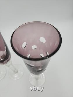 4 Vtg Purple Amethyst 9-1/2 Glass Champagne Flutes Cut to Clear Polka Dots
