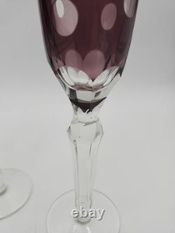 4 Vtg Purple Amethyst 9-1/2 Glass Champagne Flutes Cut to Clear Polka Dots