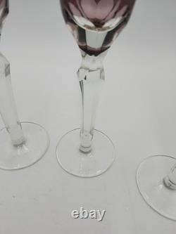 4 Vtg Purple Amethyst 9-1/2 Glass Champagne Flutes Cut to Clear Polka Dots