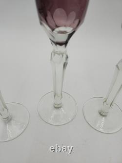 4 Vtg Purple Amethyst 9-1/2 Glass Champagne Flutes Cut to Clear Polka Dots