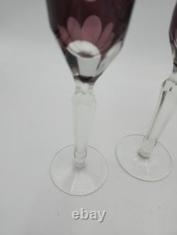 4 Vtg Purple Amethyst 9-1/2 Glass Champagne Flutes Cut to Clear Polka Dots