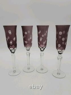 4 Vtg Purple Amethyst 9-1/2 Glass Champagne Flutes Cut to Clear Polka Dots