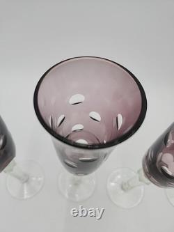 4 Vtg Purple Amethyst 9-1/2 Glass Champagne Flutes Cut to Clear Polka Dots