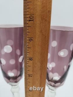 4 Vtg Purple Amethyst 9-1/2 Glass Champagne Flutes Cut to Clear Polka Dots