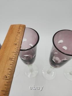 4 Vtg Purple Amethyst 9-1/2 Glass Champagne Flutes Cut to Clear Polka Dots