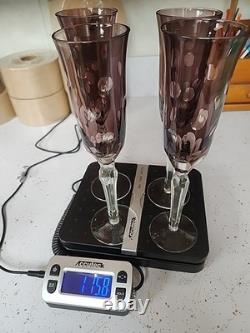 4 Vtg Purple Amethyst 9-1/2 Glass Champagne Flutes Cut to Clear Polka Dots