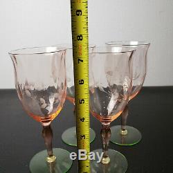 4 Wine Glasses Watermelon Vtg Pink & Green Diamond Optic Etched Leaves Elegant
