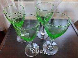 4 vintage uranium crystal wine glasses, handmade