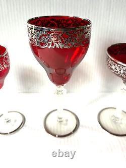 53 Vintage Crystal Ruby Red and Silver Stemware Setchampagne, water, wine, cordial