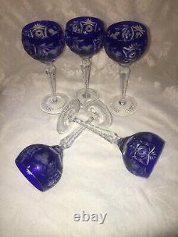 5 Cobalt Blue Nachtman Traube 6 7/8 Wine Glasses Cut To Clear EUC