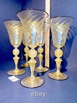 5 Murano Wine Glasses Venetian Italy Gold Fleck Black Rim Elegant Stemware Vtg