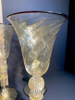 5 Murano Wine Glasses Venetian Italy Gold Fleck Black Rim Elegant Stemware Vtg