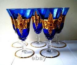 5 Old Vtg WINE GLASES Cobalt Blue Czech Bohemian art glass gold Gilt w red jewel