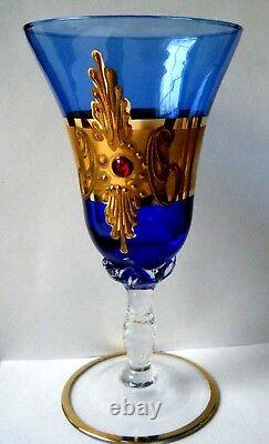 5 Old Vtg WINE GLASES Cobalt Blue Czech Bohemian art glass gold Gilt w red jewel