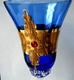 5 Old Vtg WINE GLASES Cobalt Blue Czech Bohemian art glass gold Gilt w red jewel