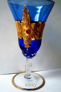 5 Old Vtg WINE GLASES Cobalt Blue Czech Bohemian art glass gold Gilt w red jewel