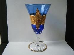 5 Old Vtg WINE GLASES Cobalt Blue Czech Bohemian art glass gold Gilt w red jewel