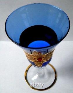 5 Old Vtg WINE GLASES Cobalt Blue Czech Bohemian art glass gold Gilt w red jewel