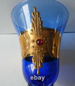 5 Old Vtg WINE GLASES Cobalt Blue Czech Bohemian art glass gold Gilt w red jewel