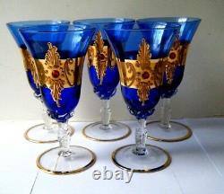 5 Old Vtg WINE GLASES Cobalt Blue Czech Bohemian art glass gold Gilt w red jewel