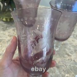 5 Purple Etched Wine Glasses Flowers Antique Vtg 5 Bohemian victorian