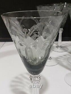 5- RARE Vintage FOSTORIA Iris Swirl Optic Crystal Gray Wine Glasses Goblet Stems