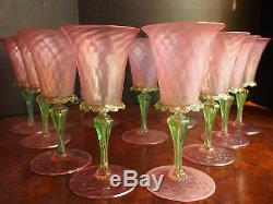 5 Vintage 50's Venetian Iridescent Pink Green Wine Stem Glass Goblets 8.5 Tall