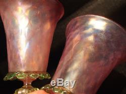 5 Vintage 50's Venetian Iridescent Pink Green Wine Stem Glass Goblets 8.5 Tall