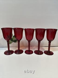 5 Vintage 8-1/4 Heavy Hand-Blown Ruby Red Wine Stemware Goblets Glasses