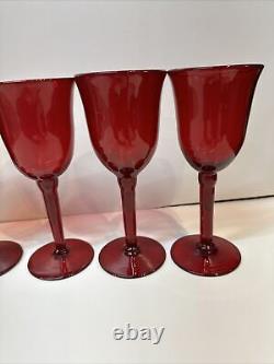 5 Vintage 8-1/4 Heavy Hand-Blown Ruby Red Wine Stemware Goblets Glasses