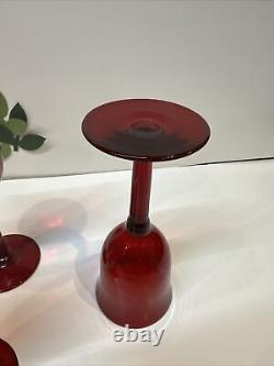 5 Vintage 8-1/4 Heavy Hand-Blown Ruby Red Wine Stemware Goblets Glasses