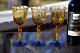 5 Vintage Amber & Cobalt Blue Wine Glasses Water Goblets, 1950's