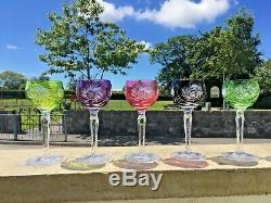 5 Vintage Bohemian Multi Coloured Harlequin Lead Crystal Wine Glasses Goblets