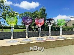 5 Vintage Bohemian Multi Coloured Harlequin Lead Crystal Wine Glasses Goblets