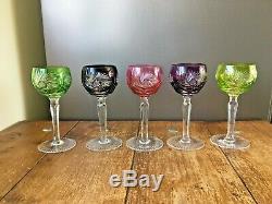 5 Vintage Bohemian Multi Coloured Harlequin Lead Crystal Wine Glasses Goblets