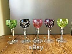 5 Vintage Bohemian Multi Coloured Harlequin Lead Crystal Wine Glasses Goblets