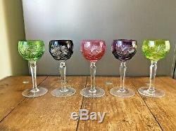 5 Vintage Bohemian Multi Coloured Harlequin Lead Crystal Wine Glasses Goblets