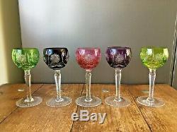 5 Vintage Bohemian Multi Coloured Harlequin Lead Crystal Wine Glasses Goblets