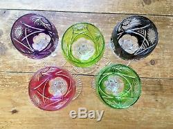 5 Vintage Bohemian Multi Coloured Harlequin Lead Crystal Wine Glasses Goblets