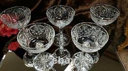 5 Vintage Crystal Champagne Wine Glasses CUT PANELED stems CUT FLOWERS Germany