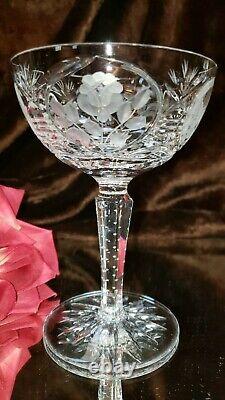 5 Vintage Crystal Champagne Wine Glasses CUT PANELED stems CUT FLOWERS Germany