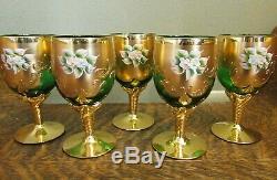 (5) Vintage Czech Bohemian Green Wine Glasses with Gold Gilt & Enameled Flowers