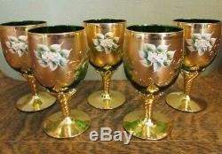 (5) Vintage Czech Bohemian Green Wine Glasses with Gold Gilt & Enameled Flowers