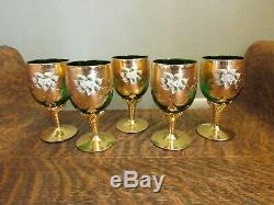 (5) Vintage Czech Bohemian Green Wine Glasses with Gold Gilt & Enameled Flowers