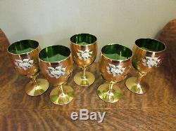 (5) Vintage Czech Bohemian Green Wine Glasses with Gold Gilt & Enameled Flowers