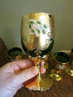 (5) Vintage Czech Bohemian Green Wine Glasses with Gold Gilt & Enameled Flowers