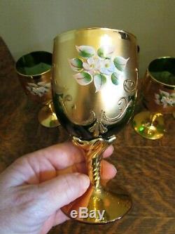 (5) Vintage Czech Bohemian Green Wine Glasses with Gold Gilt & Enameled Flowers