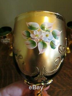 (5) Vintage Czech Bohemian Green Wine Glasses with Gold Gilt & Enameled Flowers